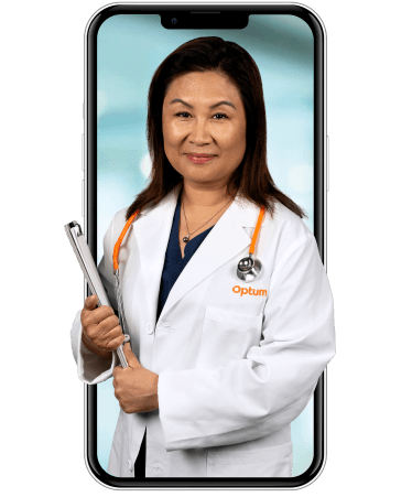 Optum OR doctor in a white coat holding a clipboard, displayed on a smartphone screen, representing virtual healthcare services